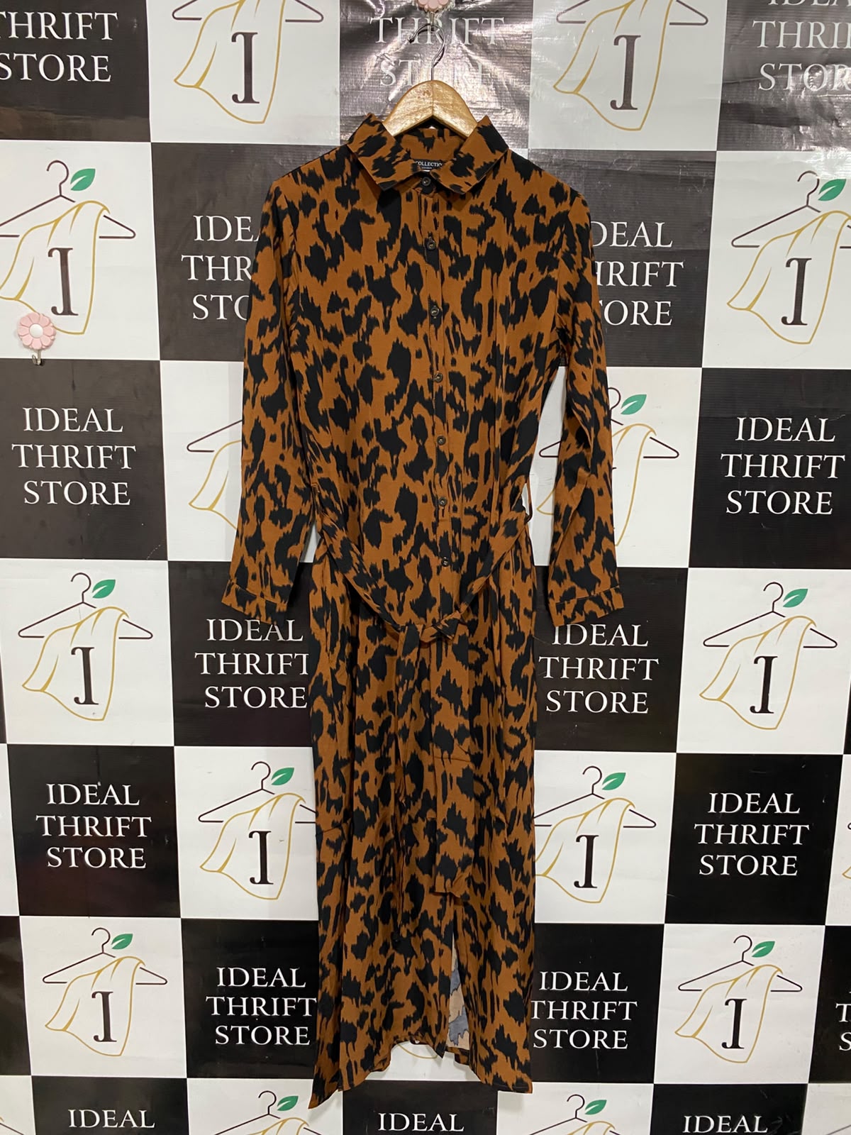FS COLLECTION |L| BUST 19| A69|  BROWN ANIMAL PRINT SHIRT MIDI DRESS