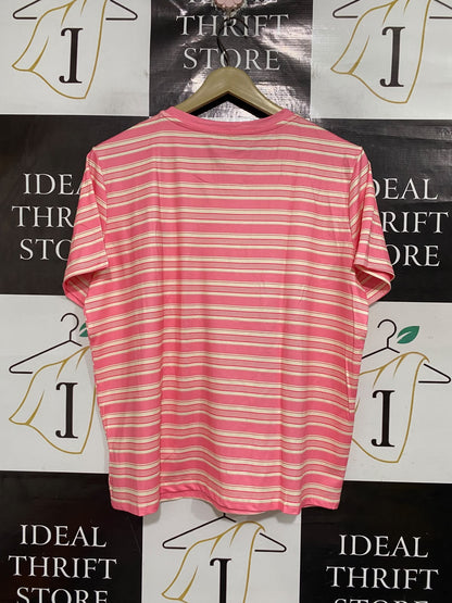 |M| BUST 22| A69| PINK & WHITE STRIPED STRAWBERRY EMBROIDERED T-SHIRT
