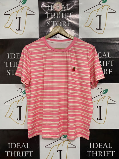 |M| BUST 22| A69| PINK & WHITE STRIPED STRAWBERRY EMBROIDERED T-SHIRT