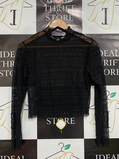 WAREHOUSE |XS| BUST 17| A67| BLACK MESH RUCHED MOCK NECK LONG-SLEEVE TOP