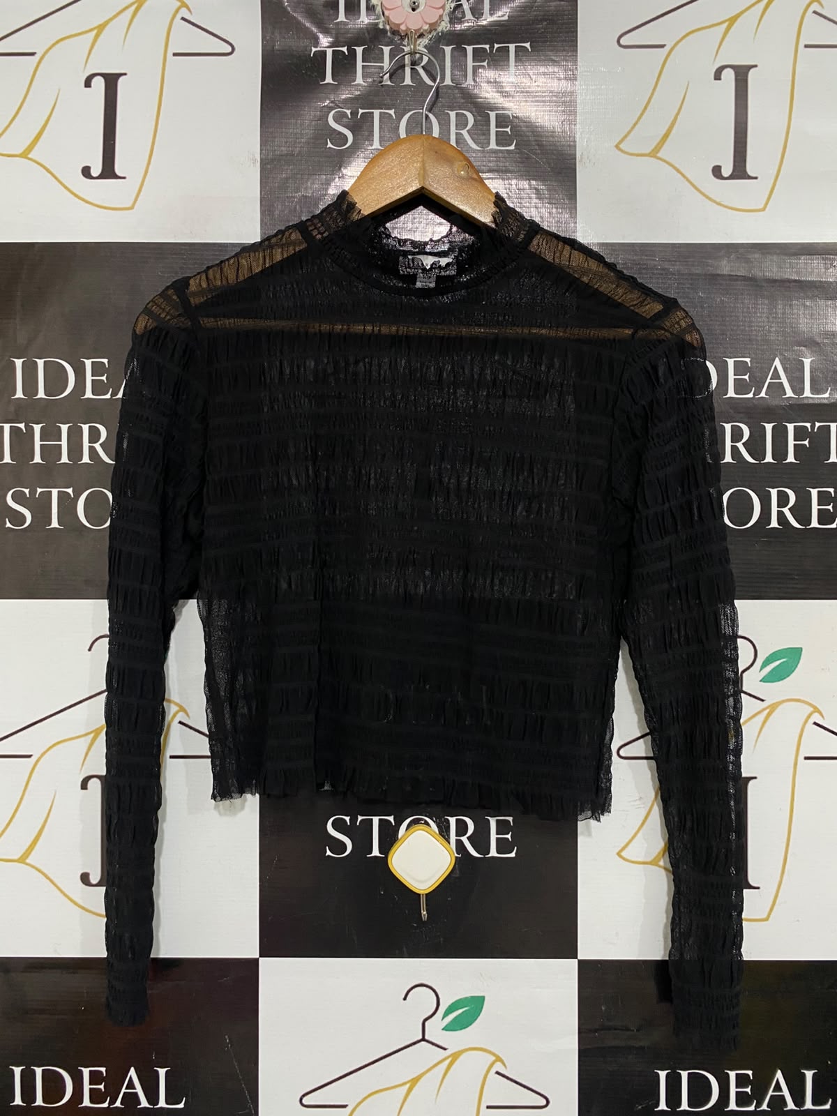 WAREHOUSE |XS| BUST 17| A67| BLACK MESH RUCHED MOCK NECK LONG-SLEEVE TOP