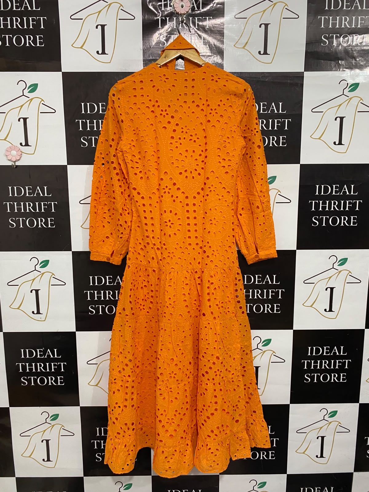 ZARA |XS| BUST 17| A69| ORANGE EMBROIDERED BRODERIE ANGLAISE TIERED MIDI DRESS