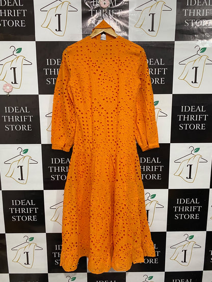ZARA |XS| BUST 17| A69| ORANGE EMBROIDERED BRODERIE ANGLAISE TIERED MIDI DRESS