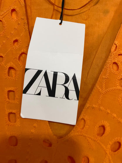 ZARA |XS| BUST 17| A69| ORANGE EMBROIDERED BRODERIE ANGLAISE TIERED MIDI DRESS