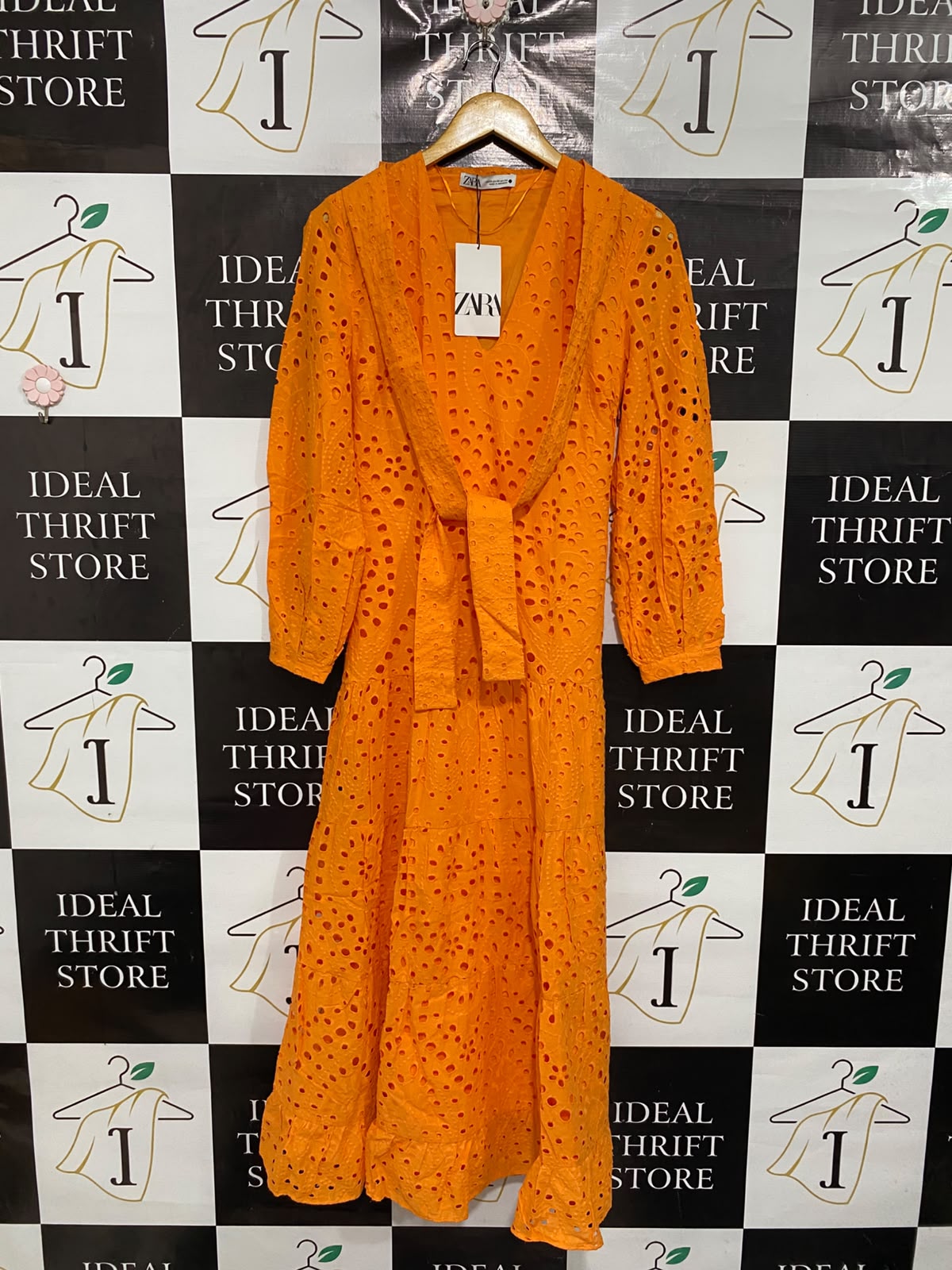 ZARA |XS| BUST 17| A69| ORANGE EMBROIDERED BRODERIE ANGLAISE TIERED MIDI DRESS