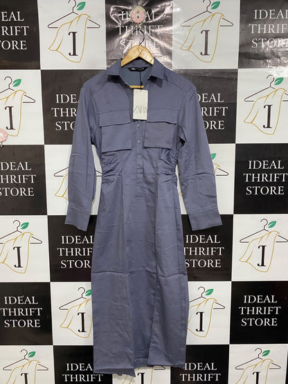 ZARA |XS| BUST 16| A69| BLUE GREY UTILITY SHIRT MIDI DRESS