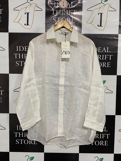 ZARA |S| BUST 24| A69|  WHITE LINEN BLEND OVERSIZED BUTTON-DOWN SHIRT