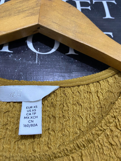 H&M |XS| BUST 15| A69| MUSTARD YELLOW TEXTURED CRINKLE LONG-SLEEVE MIDI DRESS
