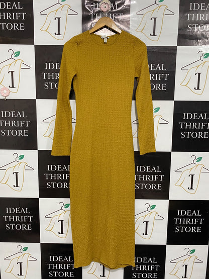 H&M |XS| BUST 15| A69| MUSTARD YELLOW TEXTURED CRINKLE LONG-SLEEVE MIDI DRESS