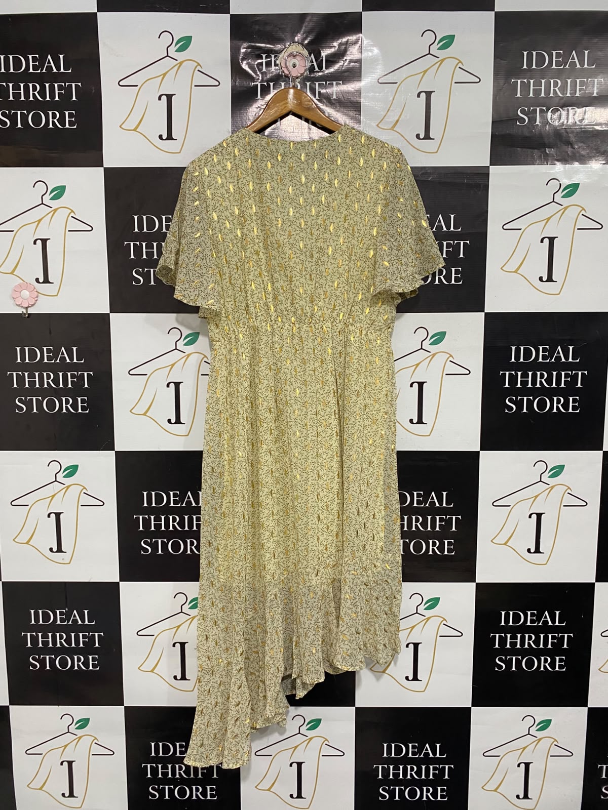 BLUE VANILLA |M| BUST 18| A69| CREAM GOLD METALLIC FOIL HIGH-LOW MIDI DRESS