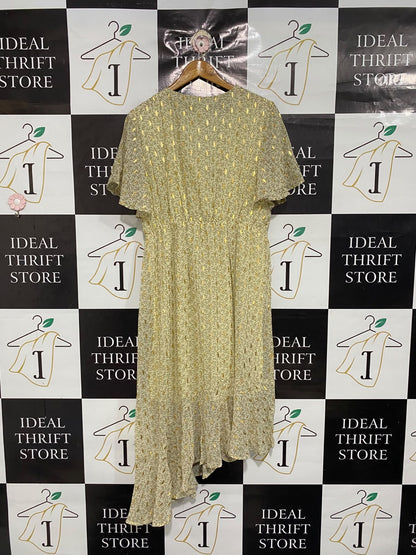 BLUE VANILLA |M| BUST 18| A69| CREAM GOLD METALLIC FOIL HIGH-LOW MIDI DRESS