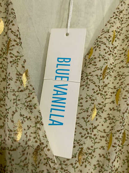 BLUE VANILLA |M| BUST 18| A69| CREAM GOLD METALLIC FOIL HIGH-LOW MIDI DRESS