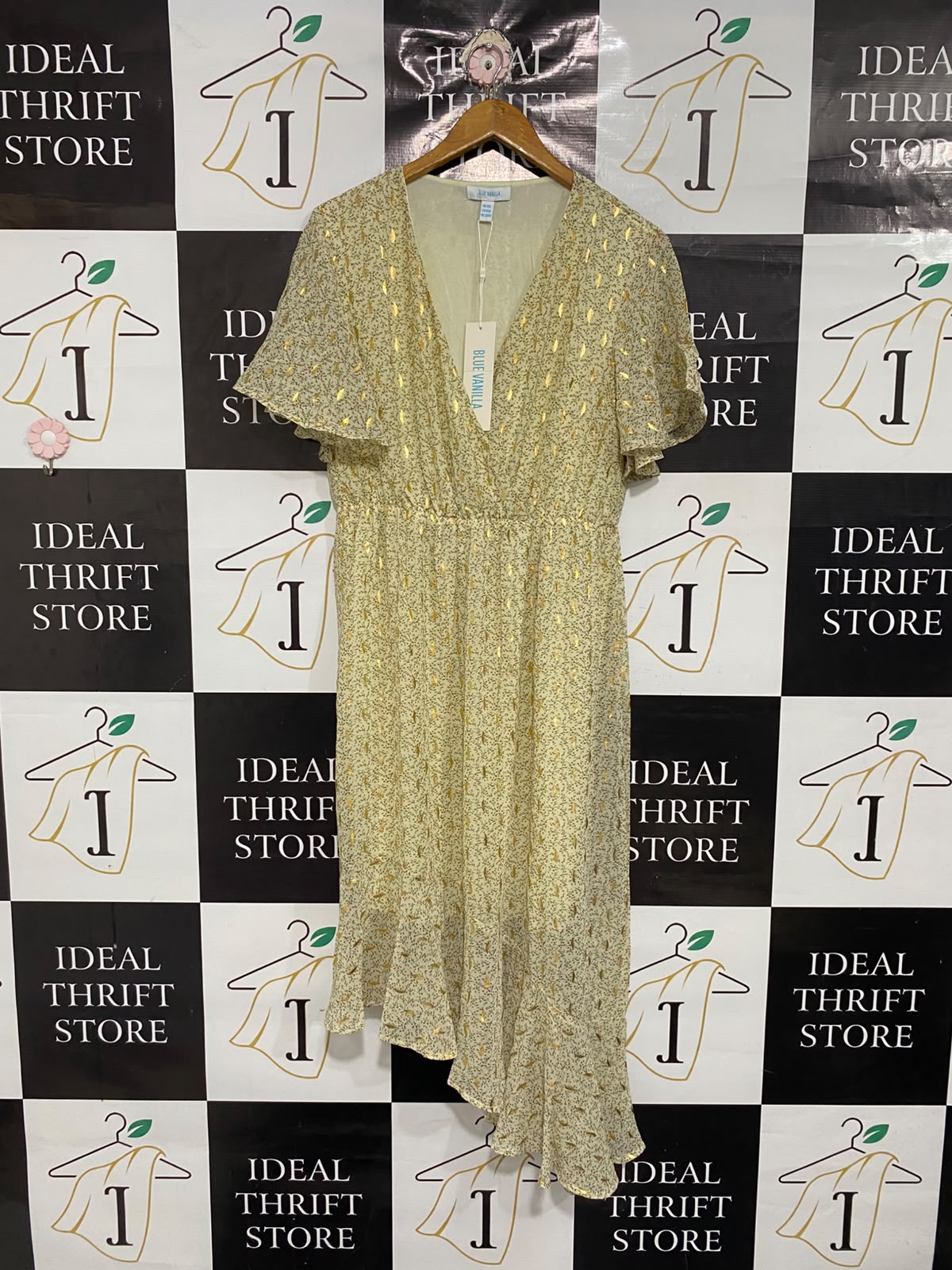 BLUE VANILLA |M| BUST 18| A69| CREAM GOLD METALLIC FOIL HIGH-LOW MIDI DRESS