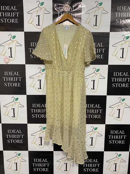 BLUE VANILLA |M| BUST 18| A69| CREAM GOLD METALLIC FOIL HIGH-LOW MIDI DRESS