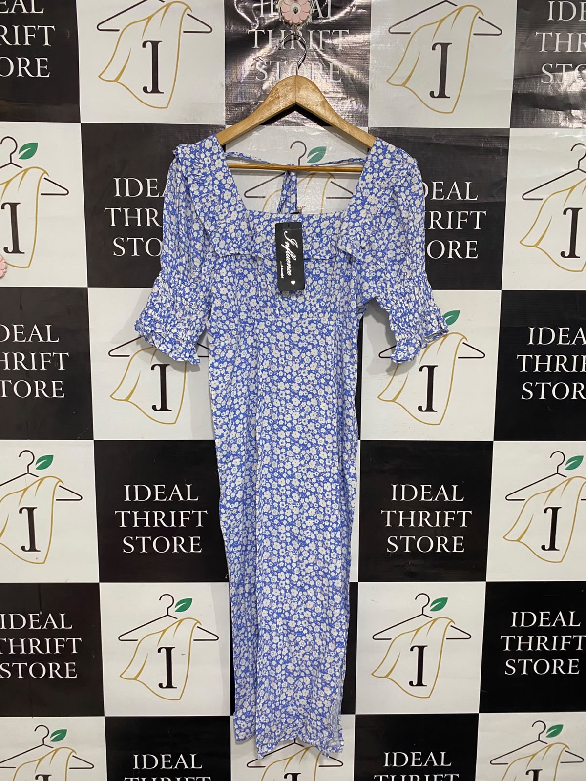 INFLUENCE |M| BUST 16| A69| PERIWINKLE BLUE FLORAL RUFFLE MIDI DRESS