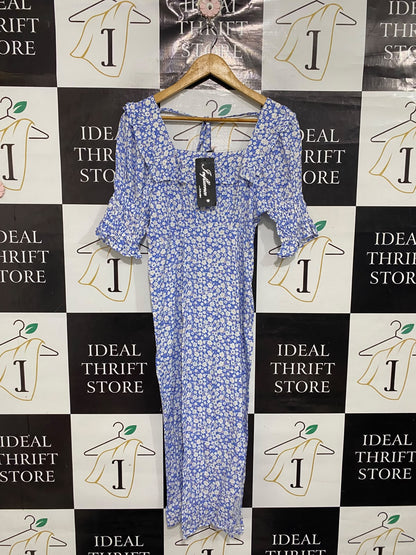 INFLUENCE |M| BUST 16| A69| PERIWINKLE BLUE FLORAL RUFFLE MIDI DRESS