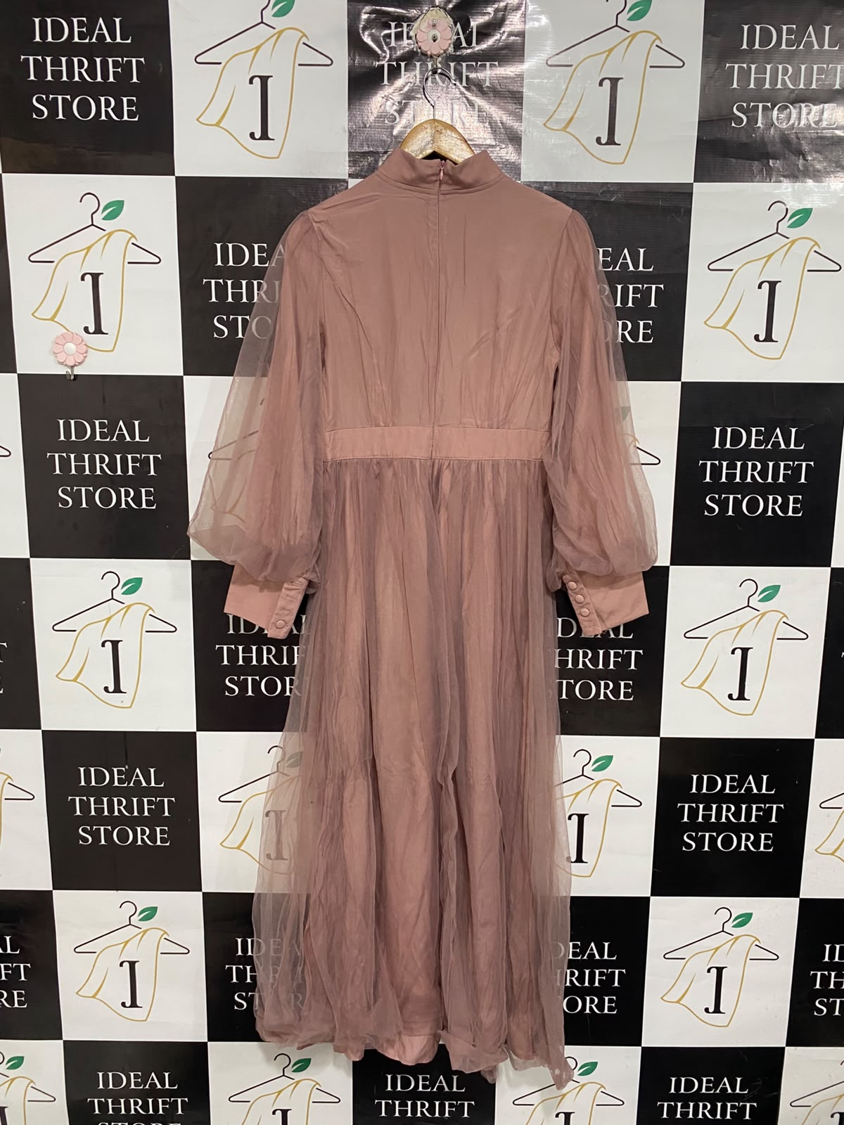 SHEIN |L| BUST 18| A69| DUSTY PINK ORGANZA MESH PUFF-SLEEVE MAXI DRESS