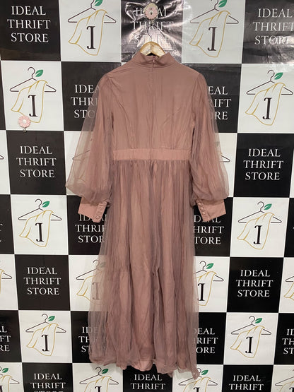 SHEIN |L| BUST 18| A69| DUSTY PINK ORGANZA MESH PUFF-SLEEVE MAXI DRESS