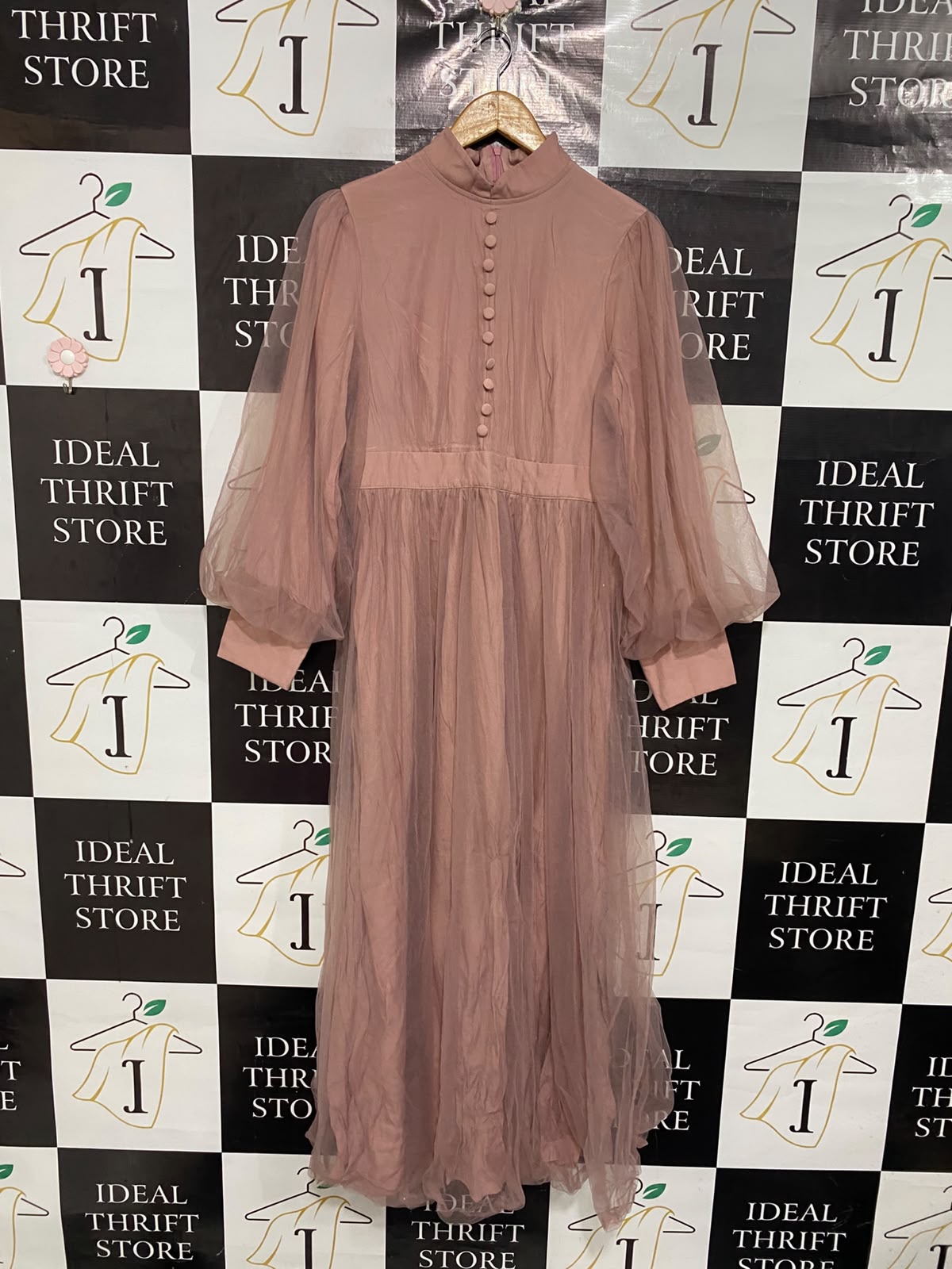 SHEIN |L| BUST 18| A69| DUSTY PINK ORGANZA MESH PUFF-SLEEVE MAXI DRESS