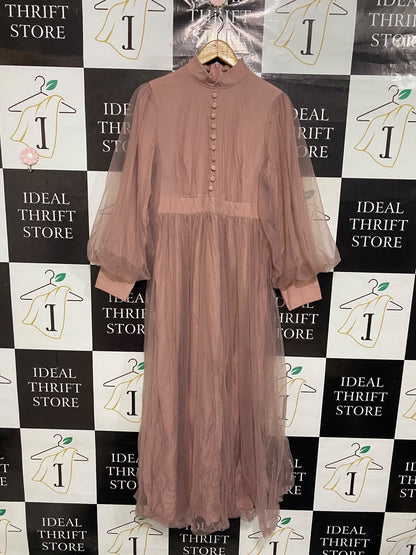 SHEIN |L| BUST 18| A69| DUSTY PINK ORGANZA MESH PUFF-SLEEVE MAXI DRESS