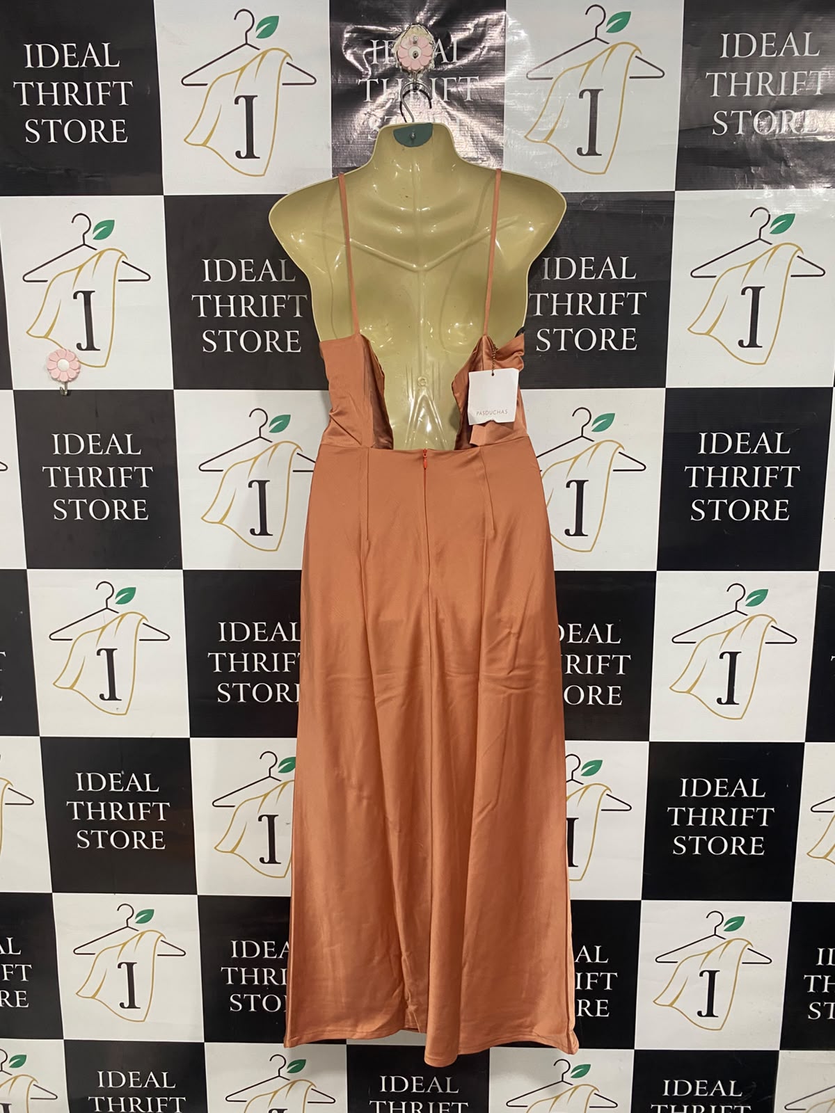 PASDUCHAS |S| BUST 16| A68|  COPPER SILK SATIN RUCHE CUT-OUT CAMI MAXI DRESS