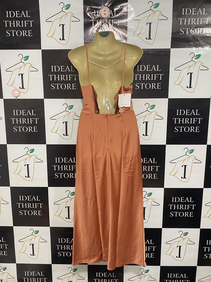 PASDUCHAS |S| BUST 16| A68|  COPPER SILK SATIN RUCHE CUT-OUT CAMI MAXI DRESS