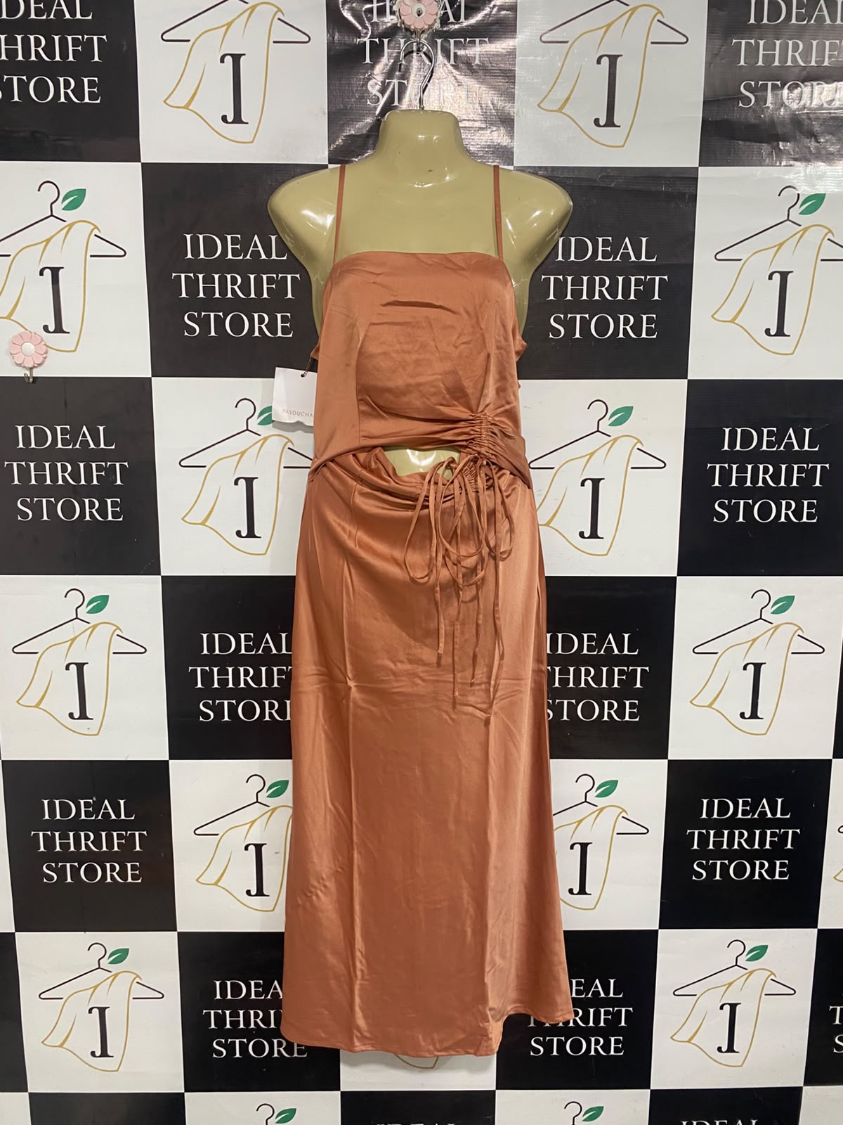 PASDUCHAS |S| BUST 16| A68|  COPPER SILK SATIN RUCHE CUT-OUT CAMI MAXI DRESS