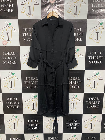 ZARA |XS| BUST 18| A68|  BLACK SILK SATIN BELTED SHIRT MIDI DRESS