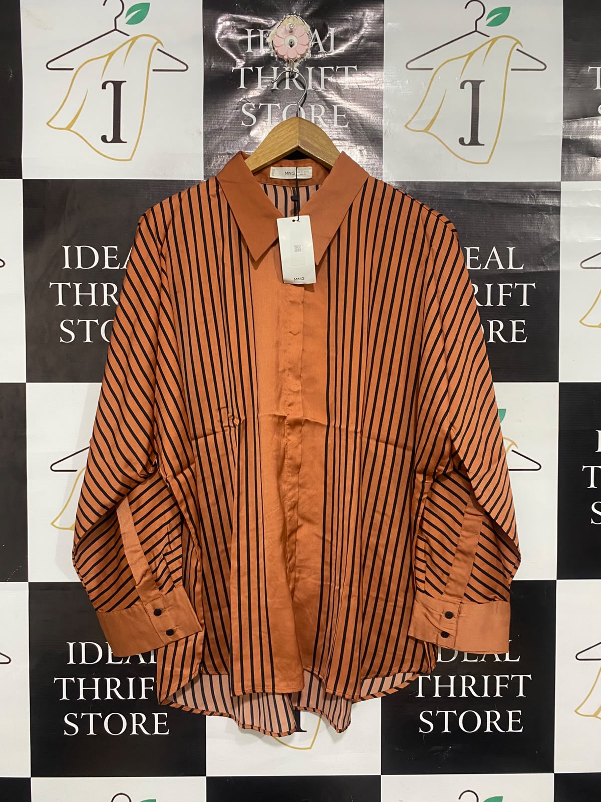 MANGO |XL| BUST 25| A68|  RUST ORANGE STRIPED OVERSIZED BUTTON-DOWN SHIRT