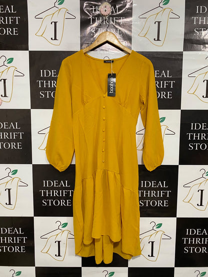 BOOHOO |L| BUST 19| A68| MUSTARD YELLOW BUTTON-FRONT TIERED MIDI DRESS