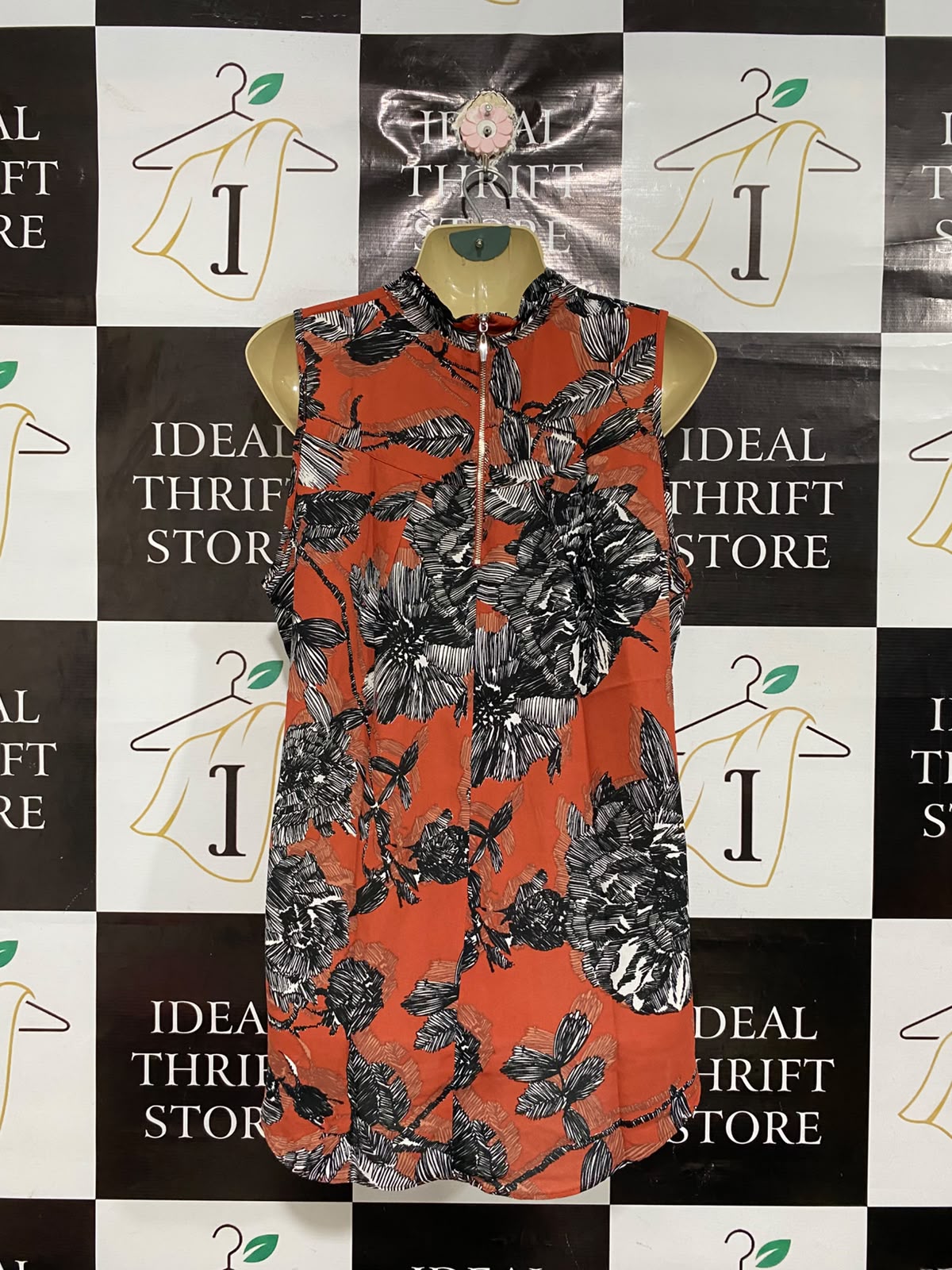 |M| BUST 22| A68|  RUST ORANGE FLORAL PRINT HIGH-NECK SLEEVELESS TOP
