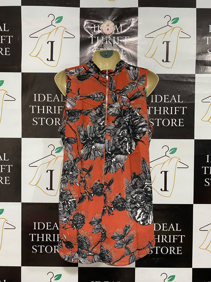 |M| BUST 22| A68|  RUST ORANGE FLORAL PRINT HIGH-NECK SLEEVELESS TOP