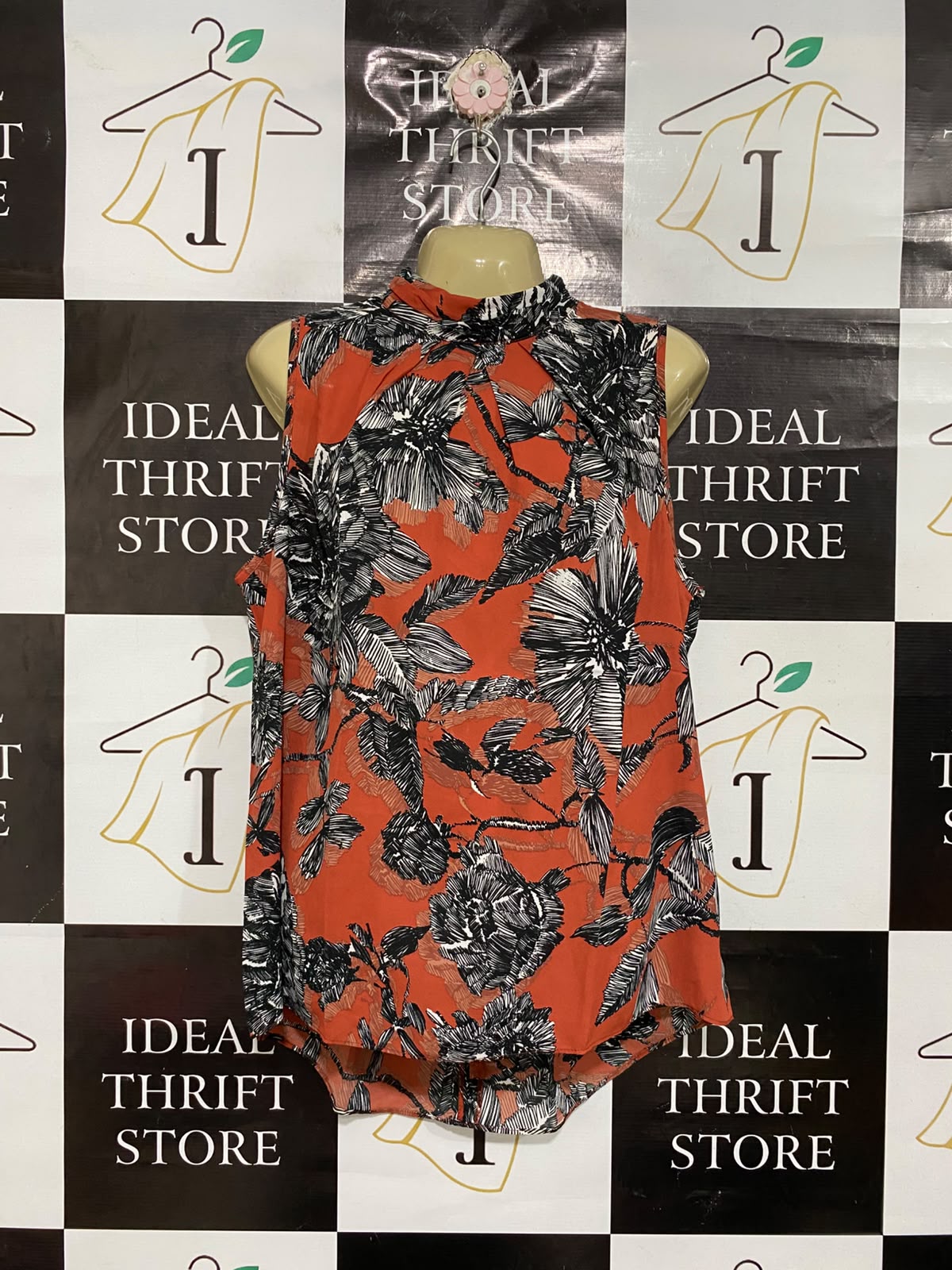 |M| BUST 22| A68|  RUST ORANGE FLORAL PRINT HIGH-NECK SLEEVELESS TOP