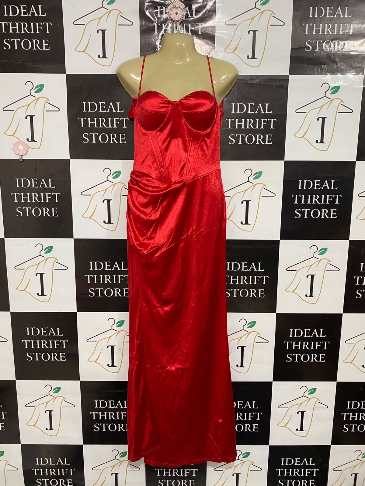 |XL| BUST 15| A68| RED SATIN CORSET-STYLE MAXI DRESS