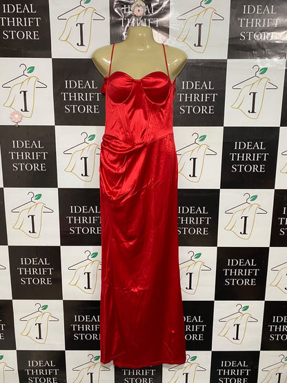 |XL| BUST 15| A68| RED SATIN CORSET-STYLE MAXI DRESS