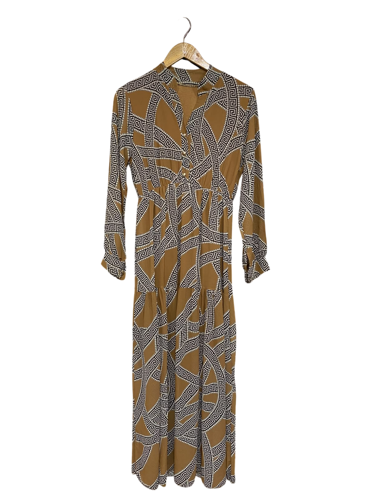 |S| BUST 17| A69| CAMEL & BLACK GEOMETRIC PRINT MAXI DRESS
