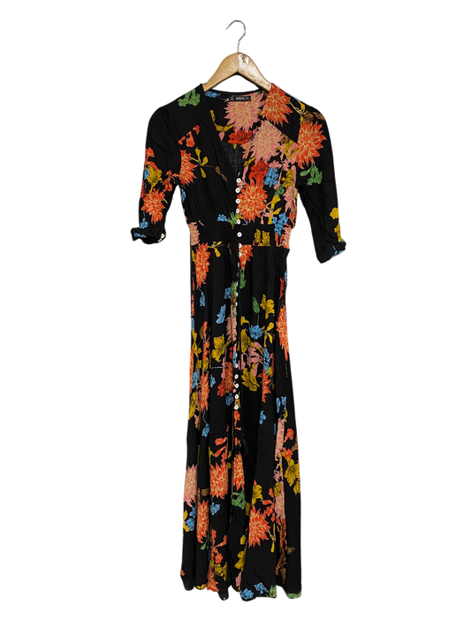 SHEIN |S| BUST 15| A69|  BLACK & MULTICOLOR FLORAL BUTTON-DOWN MIDI DRESS