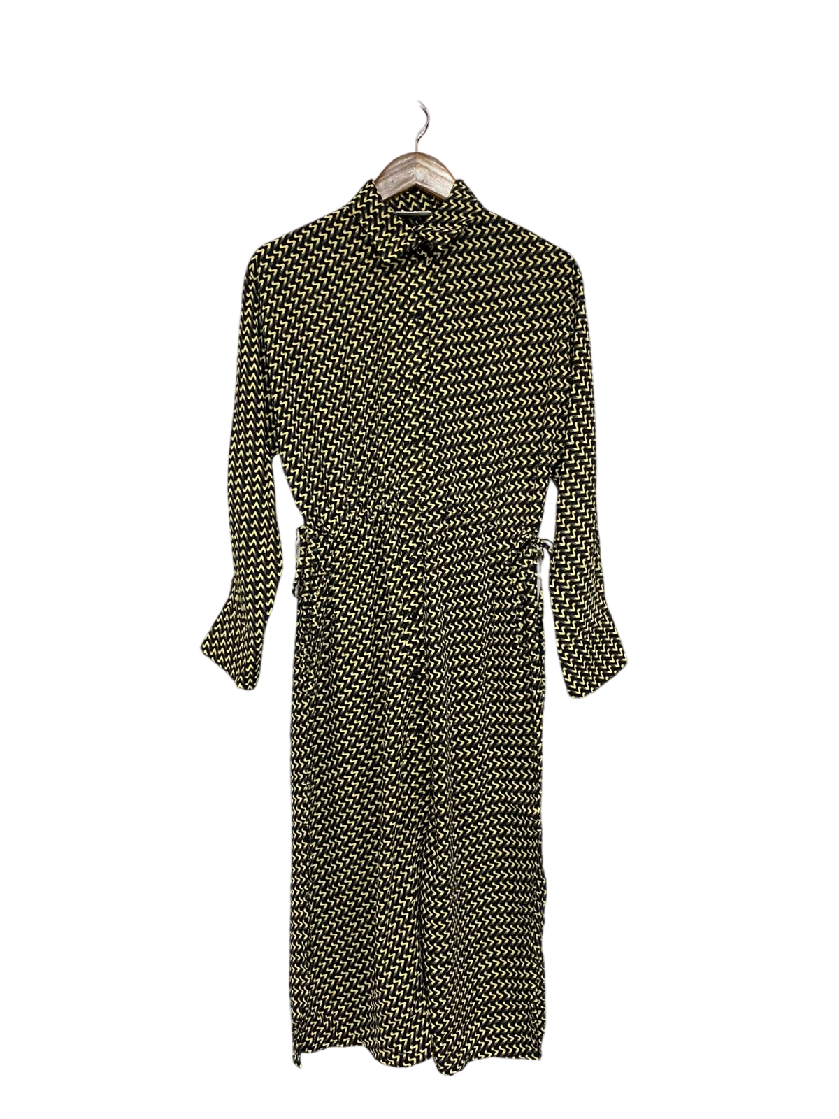 WEEKDAY |XS| BUST 16| A69| BLACK & YELLOW GEOMETRIC ZIGZAG SHIRT MIDI DRESS