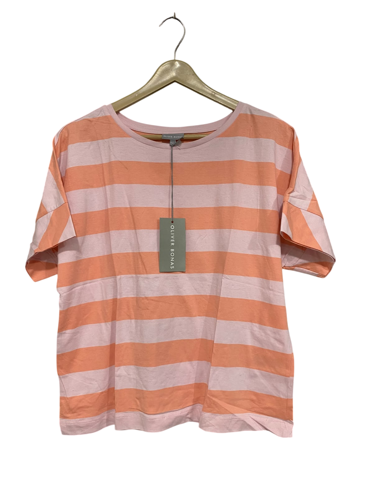 OLIVER BONAS |M| BUST 21| A69|  PEACH & PINK STRIPED RELAXED T-SHIRT