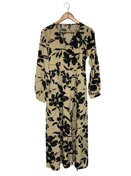 SHEIN |M| BUST 20| A69| BEIGE & BLACK FLORAL WRAP MIDI DRESS