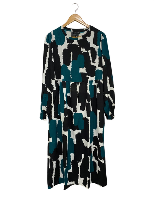 NEW LOOK |L| BUST 21| A69| TEAL, BLACK & WHITE ABSTRACT PRINT SMOCK MIDI DRESS