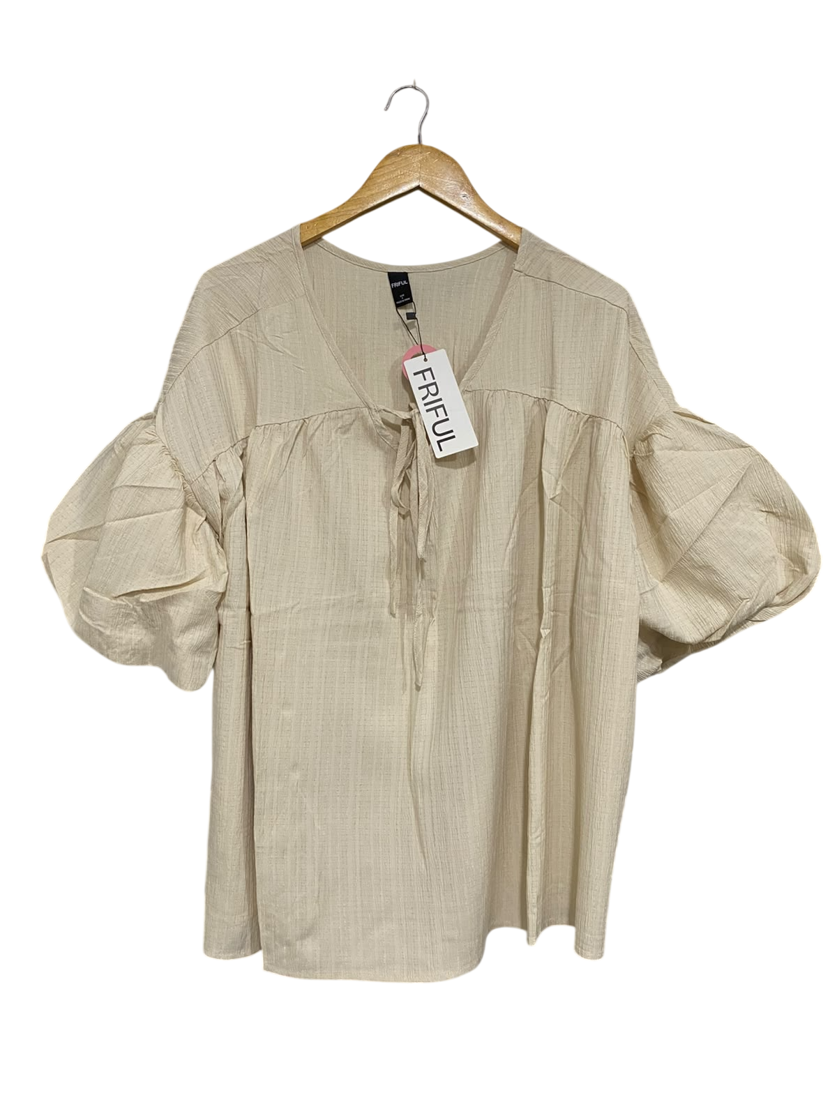 FRIFUL |L| BUST 29| A69| BEIGE TIE-FRONT PUFF-SLEEVE BLOUSE