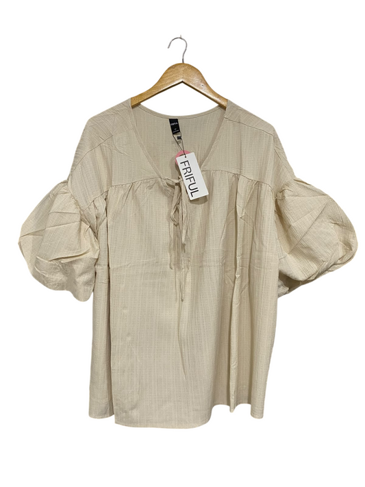 FRIFUL |L| BUST 29| A69| BEIGE TIE-FRONT PUFF-SLEEVE BLOUSE
