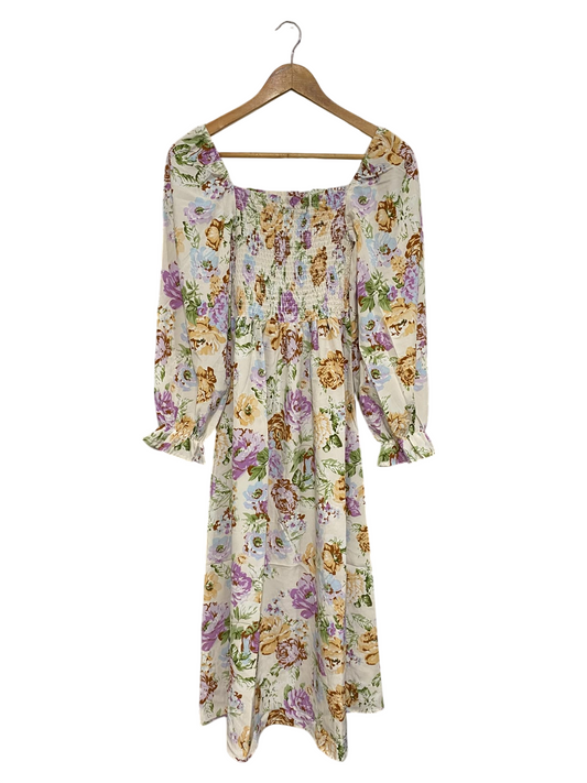 SHEIN |M| BUST 10| A69| CREAM & PASTEL FLORAL SQUARE-NECK SMOCKED MIDI DRESS