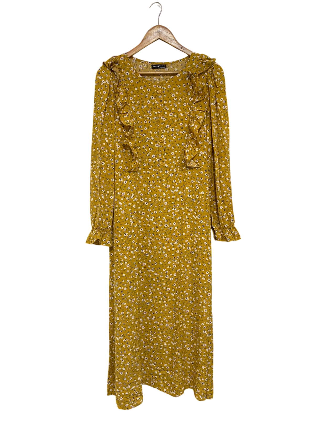 SHEIN |M| BUST 19| A69| MUSTARD YELLOW FLORAL RUFFLE-TRIM MIDI DRESS