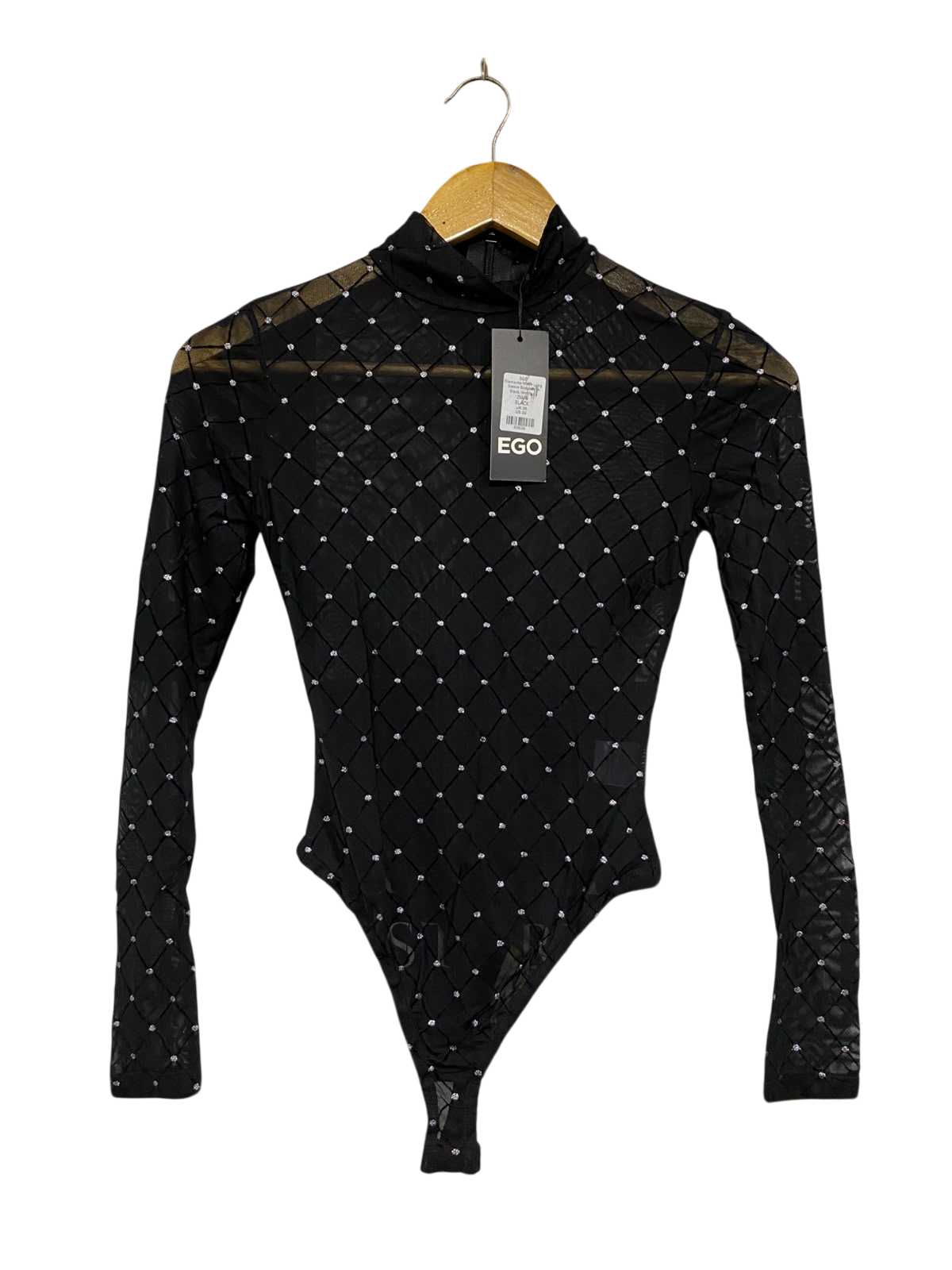EGO |XS| BUST 14| A69| BLACK RHINESTONE MESH LONG-SLEEVE BODYSUIT