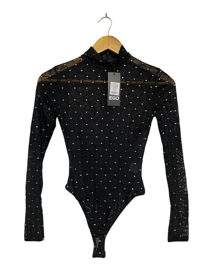 EGO |XS| BUST 14| A69| BLACK RHINESTONE MESH LONG-SLEEVE BODYSUIT
