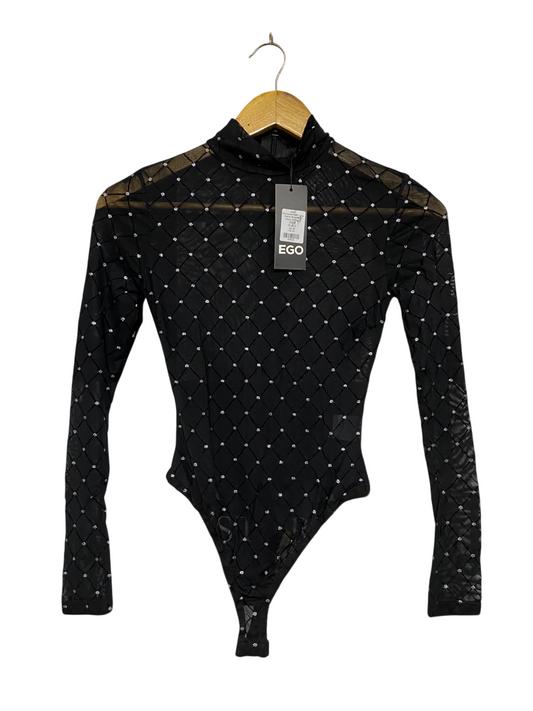 EGO |XS| BUST 14| A69| BLACK RHINESTONE MESH LONG-SLEEVE BODYSUIT