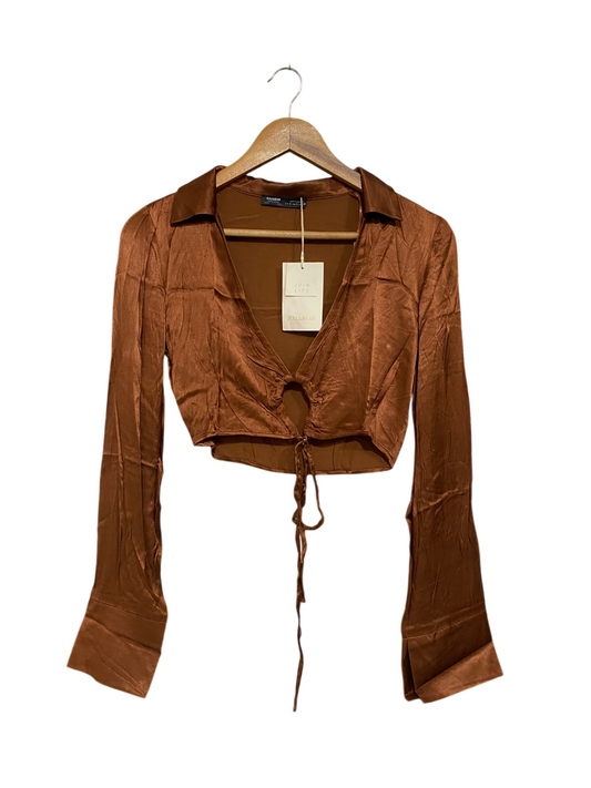 PULL&BEAR |S| BUST 16| A69|  BROWN SATIN TIE-FRONT CROP TOP