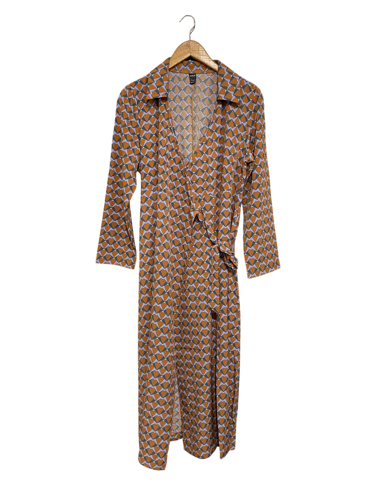 SHEIN |M| BUST 18| A69|  BROWN & BLUE GEOMETRIC PRINT WRAP MIDI DRESS